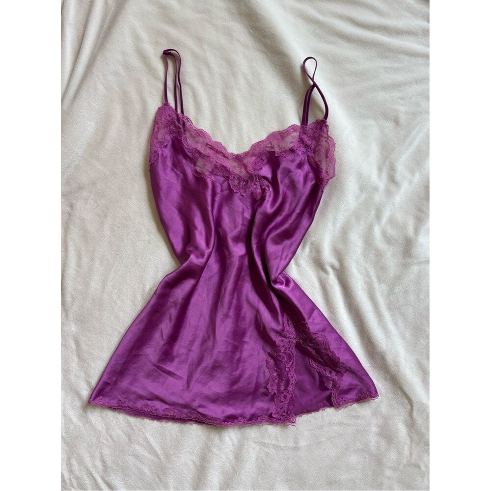 Vintage Y2K Victoria’s Secret Silky Lace Trim Purple Chemise Slip